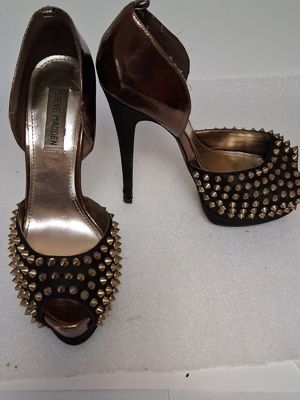 Steve Madden Bronze Metallic and Black Studded Peep-Toe Heels